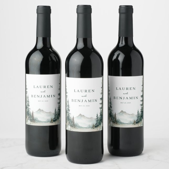 Étiquette Pour Bouteilles De Vin Paysage de montagne serein à l'aquarelle en eau ve (Bouteilles)