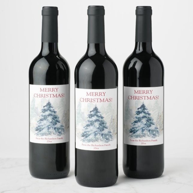 Étiquette Pour Bouteilles De Vin Paysage hivernal d'arbre de Noël à l'aquarelle (Bouteilles)