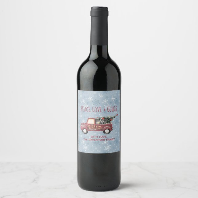Étiquette Pour Bouteilles De Vin Peace Love & Glugs Camion Joyeux Noël (Devant)