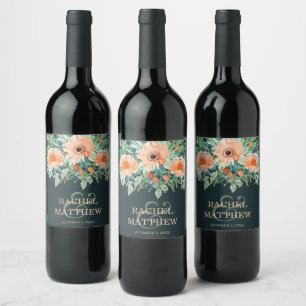 Étiquette Pour Bouteilles De Vin Pêcher l'aquarelle florale sur Turquoise