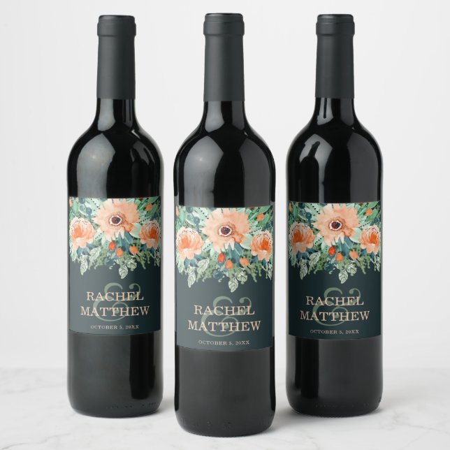 Étiquette Pour Bouteilles De Vin Pêcher l'aquarelle florale sur Turquoise (Bouteilles)
