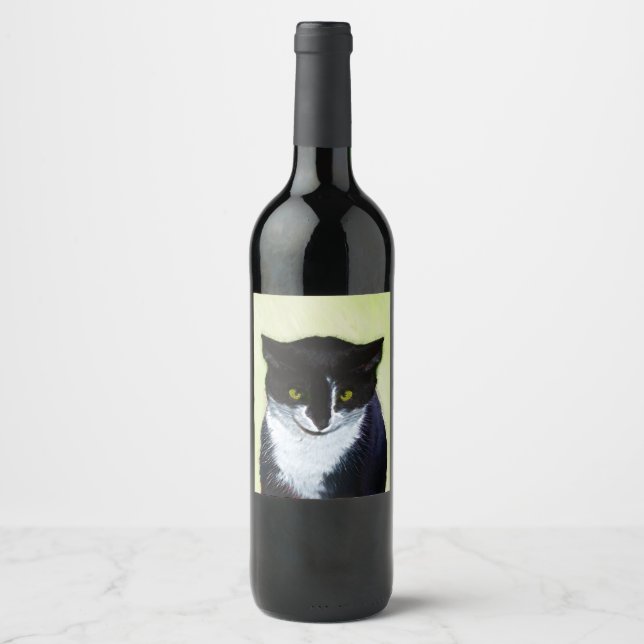 Étiquette Pour Bouteilles De Vin Peinture de chat Tuxedo - Cute Original Cat Art (Devant)