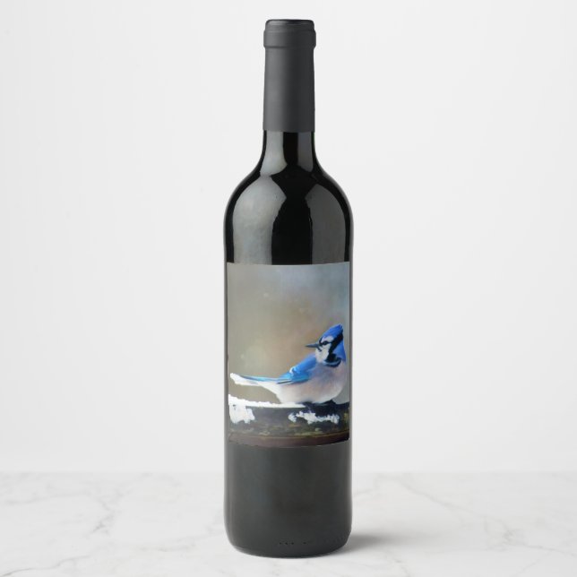 Étiquette Pour Bouteilles De Vin Peinture Jay Bleu - Art Oiseau Original (Devant)
