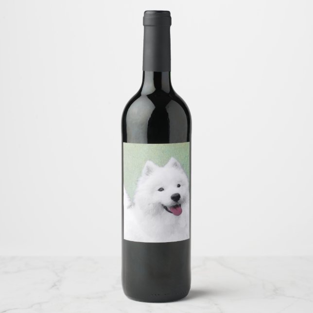 Étiquette Pour Bouteilles De Vin Peinture Samoyed - Cute Original Chien Art (Devant)