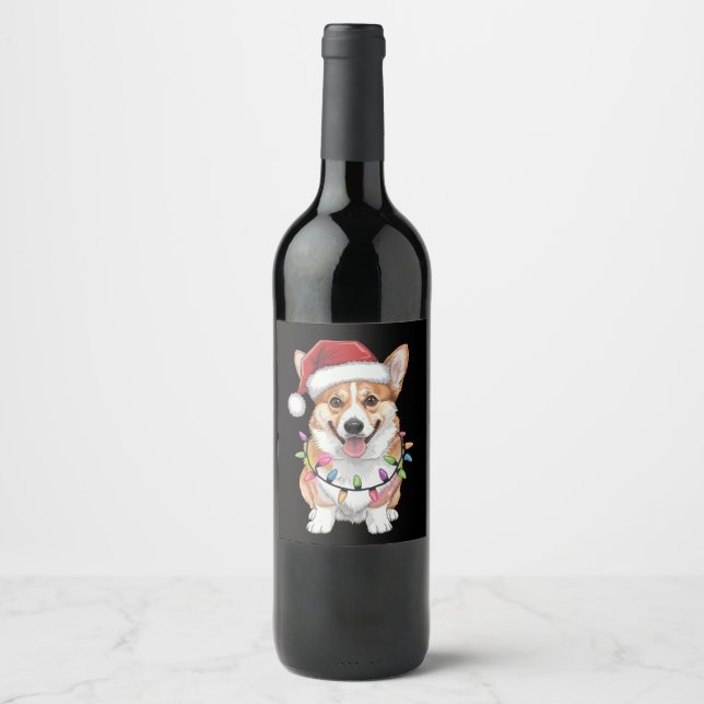 Étiquette Pour Bouteilles De Vin Pembroke Welsh Corgi Père Noël Lumières des arbres (Devant)
