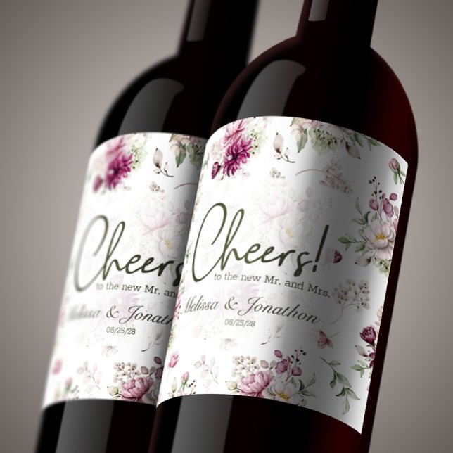 Étiquette Pour Bouteilles De Vin Peonies rose Bourgogne Mariage floral (Créateur téléchargé)
