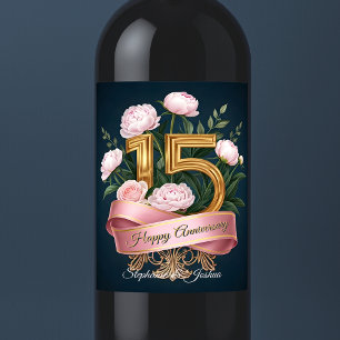 Étiquette Pour Bouteilles De Vin Peonies roses Gold Numéro 15e anniversaire de Mari