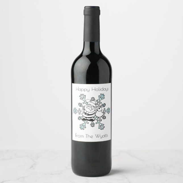 Étiquette Pour Bouteilles De Vin Père Noël et son renne favori noir et blanc (Devant)