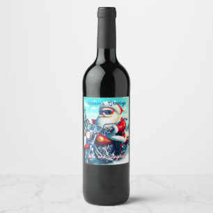 Étiquette Pour Bouteilles De Vin Père Noël mignonne sur une moto