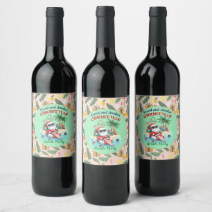 Étiquette Pour Bouteilles De Vin Père Noël sur une île tropicale Noël à la fête de 