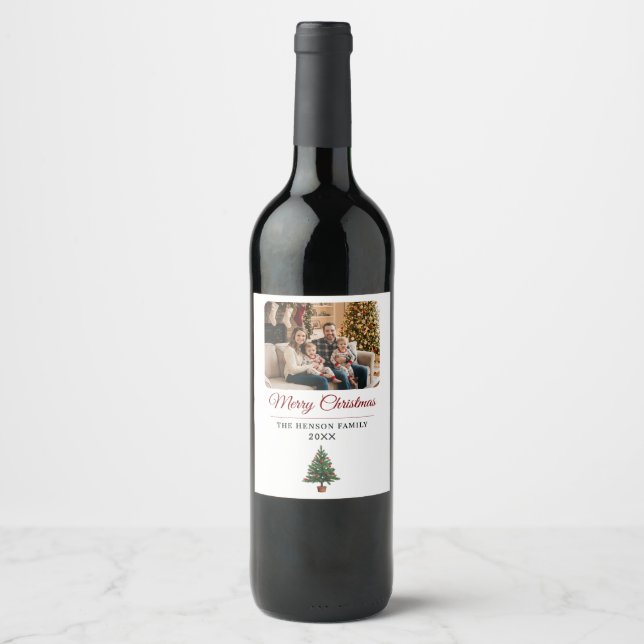 Étiquette Pour Bouteilles De Vin Personalized Christmas Tree Family Photo  (Devant)