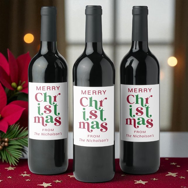 Étiquette Pour Bouteilles De Vin Personalized Whimsical Retro Merry Christmas  (Créateur téléchargé)