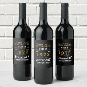 Étiquette Pour Bouteilles De Vin Personnalisé 50e anniversaire Né 1972 Noir Vintage