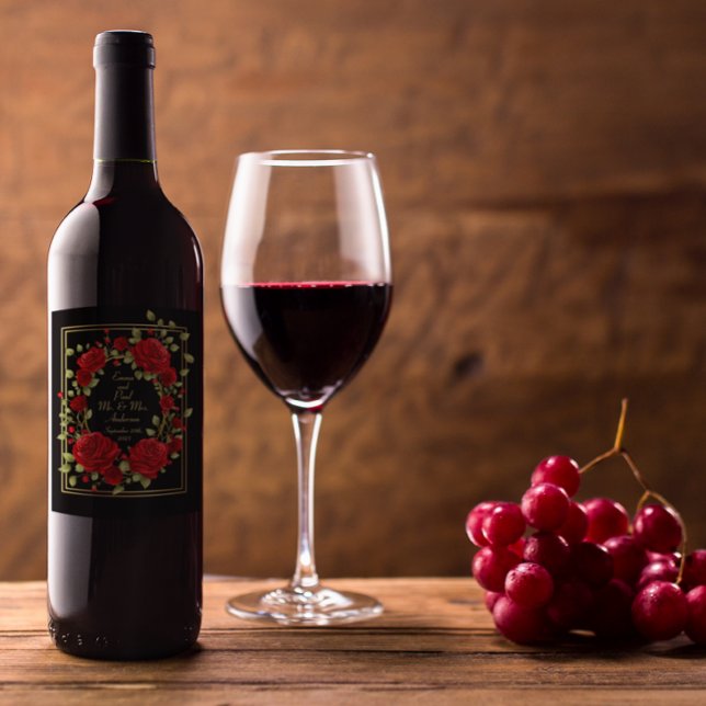 Étiquette Pour Bouteilles De Vin Personnaliser Elégante Roses Rouge Or encadré Noir (Créateur téléchargé)