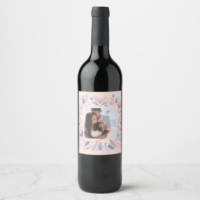Étiquette Pour Bouteilles De Vin Personnaliser Fleurs roses Heureuse Sainte-Valenti (Devant)