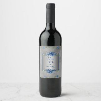 Étiquette Pour Bouteilles De Vin Pétales métalliques argent et bleu