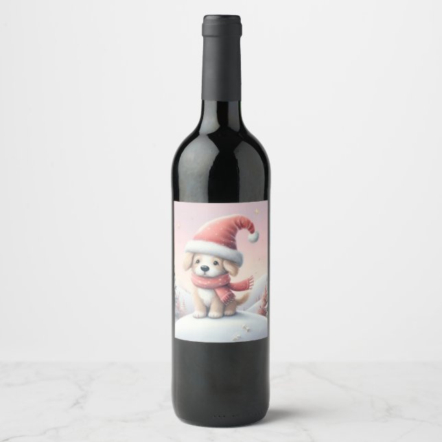 Étiquette Pour Bouteilles De Vin Petit chiot de Noël en chapeau santa (Devant)