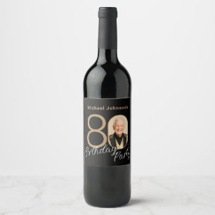 Étiquette Pour Bouteilles De Vin Photo Black Gold Elegant Custom 80e anniversaire