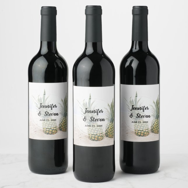 Étiquette Pour Bouteilles De Vin Photo de 2 ananas lors d'un mariage sur la plage (Bouteilles)