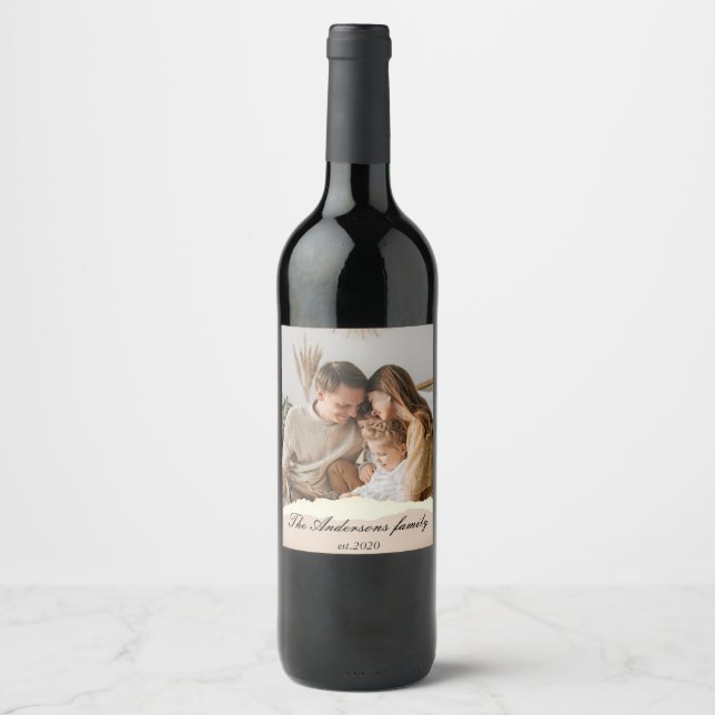 Étiquette Pour Bouteilles De Vin Photo de famille moderne & Nom personnalisé Cadeau (Devant)