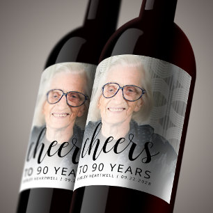 Étiquette Pour Bouteilles De Vin Photo de fête d'anniversaire 90 ans Black Script C