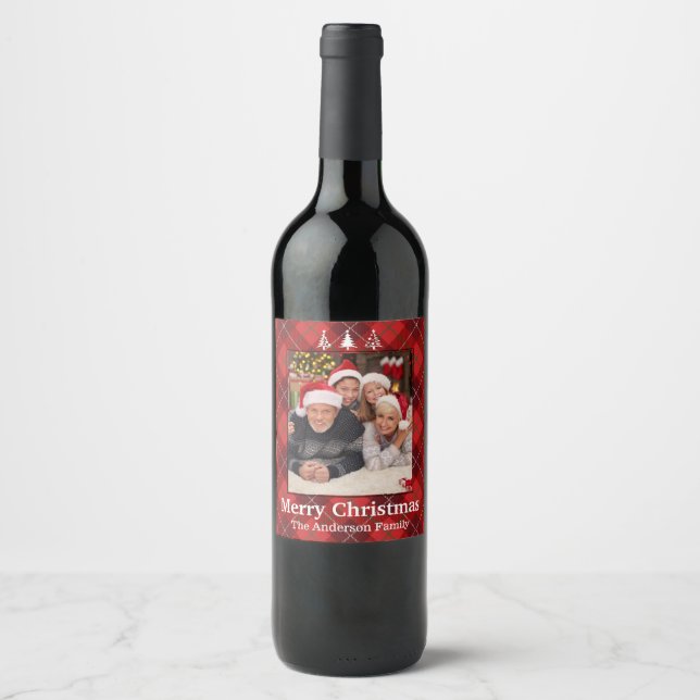 Étiquette Pour Bouteilles De Vin Photo de Noël personnalisée Plaid & Print (Devant)