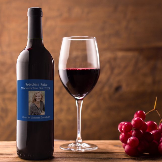 Étiquette Pour Bouteilles De Vin Photo Décontractée bleue personnalisée (Créateur téléchargé)