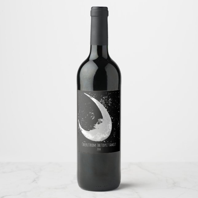 Étiquette Pour Bouteilles De Vin Photo Lune, noir et blanc (Devant)