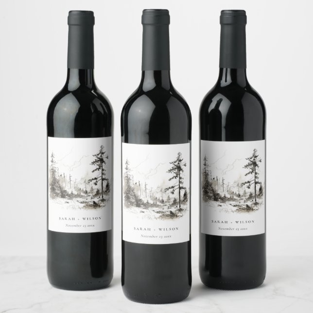 Étiquette Pour Bouteilles De Vin Pine Woods Mountain Paysage Mariage de croquis (Bouteilles)