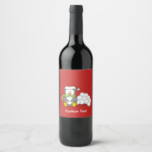 Étiquette Pour Bouteilles De Vin Pingouin de Noël assis avec des boules de neige
