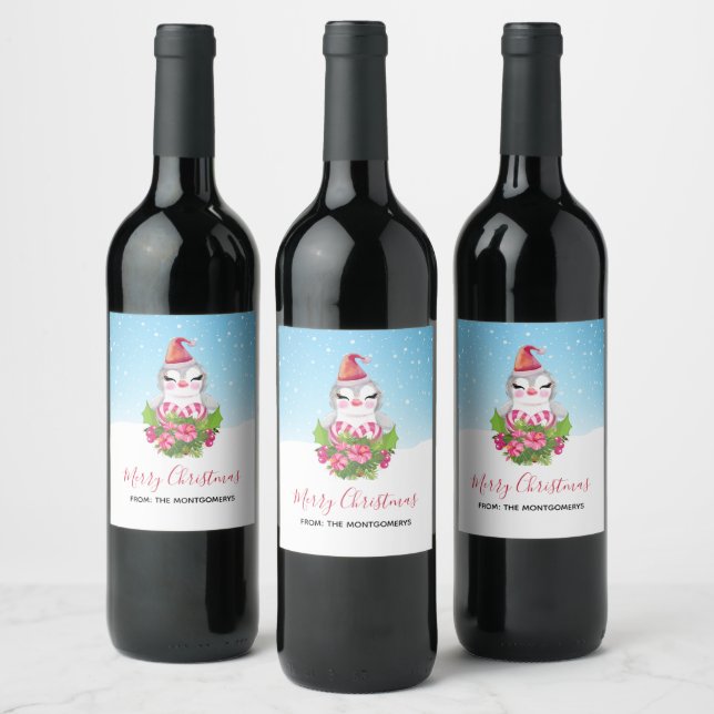 Étiquette Pour Bouteilles De Vin Pingouin de Noël mignon à Santa Hat (Bouteilles)