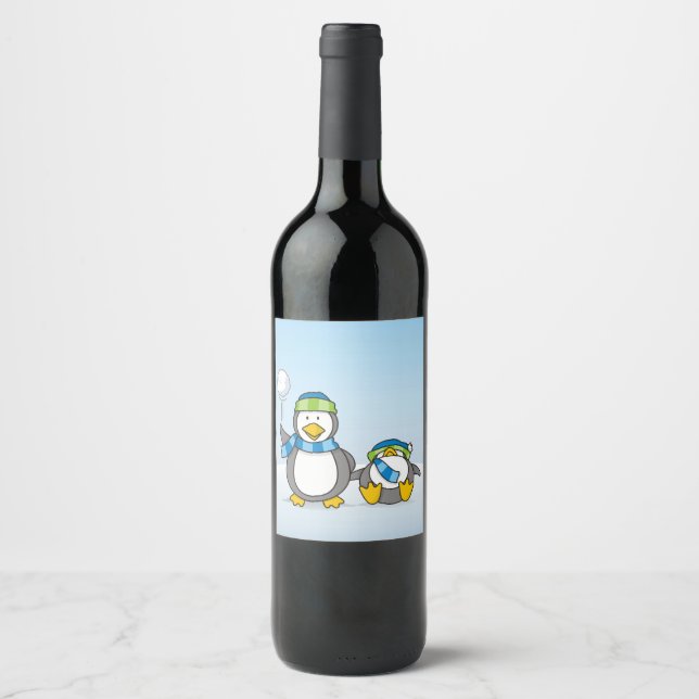 Étiquette Pour Bouteilles De Vin Pingouins à neige (Devant)