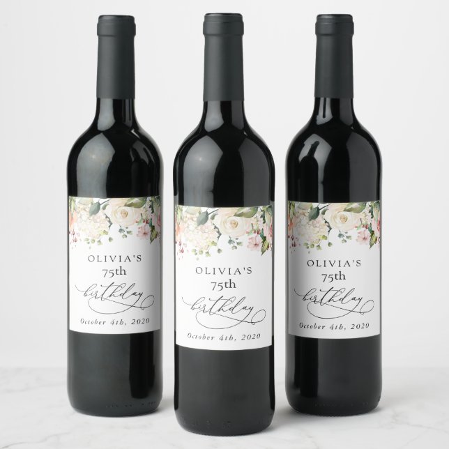 Étiquette Pour Bouteilles De Vin Pink Flowers, White Flowers, Boho, Birthday (Bouteilles)