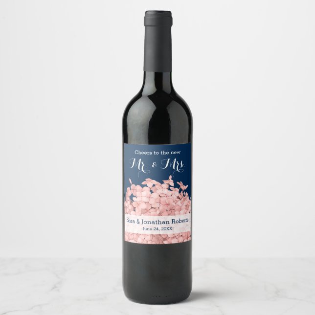 Étiquette Pour Bouteilles De Vin Pink Hydrangea sur Navy Blue Mariage personnalisé (Devant)