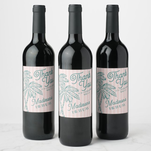 Étiquette Pour Bouteilles De Vin Pink Palm Spring Pastel Beach Anniversaire Partie  (Bouteilles)