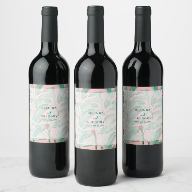 Étiquette Pour Bouteilles De Vin Pink Tropical Banana Palm Feuille Mariage (Bouteilles)