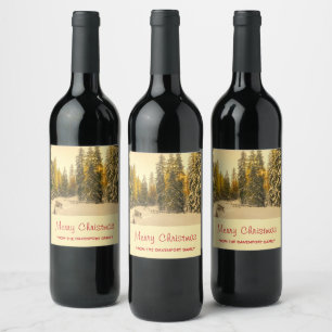 Étiquette Pour Bouteilles De Vin Pins couverts de neige Forêt Photo Noël