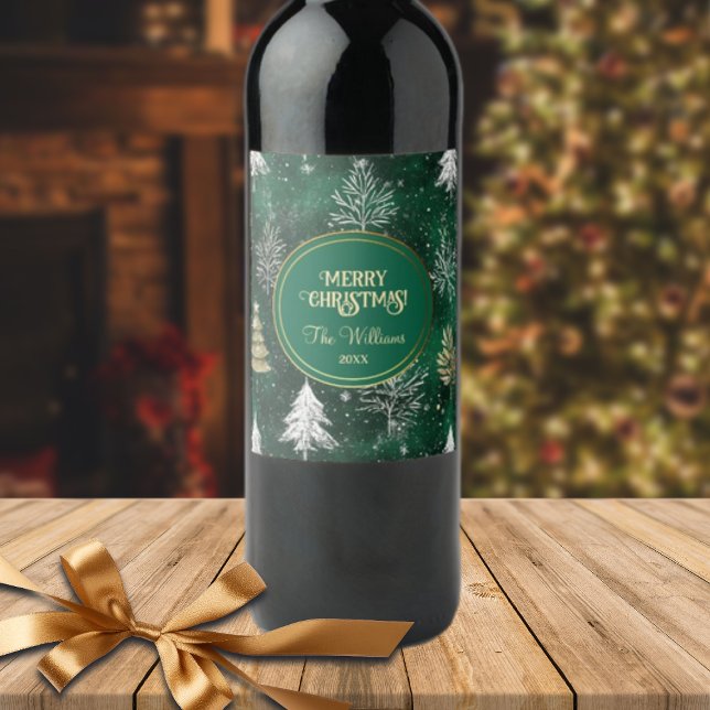 Étiquette Pour Bouteilles De Vin Pins d'or Silver Snowflakes Hunter Green (Créateur téléchargé)
