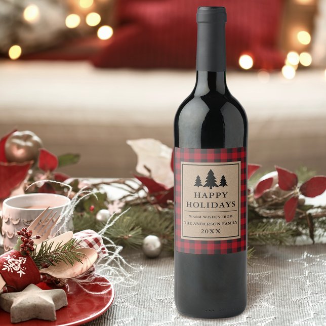 Étiquette Pour Bouteilles De Vin Pins Rouges Rustiques Kraft Plaid Joyeuses Vacance (Customize to change text size or text style.)