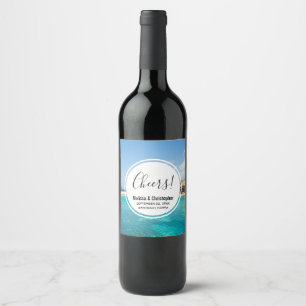 Étiquette Pour Bouteilles De Vin Pittoresque plage tropicale avec Mariage de paillo