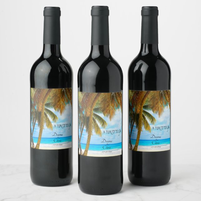 Étiquette Pour Bouteilles De Vin Plage, Palmiers, Mariage Océan (Bouteilles)