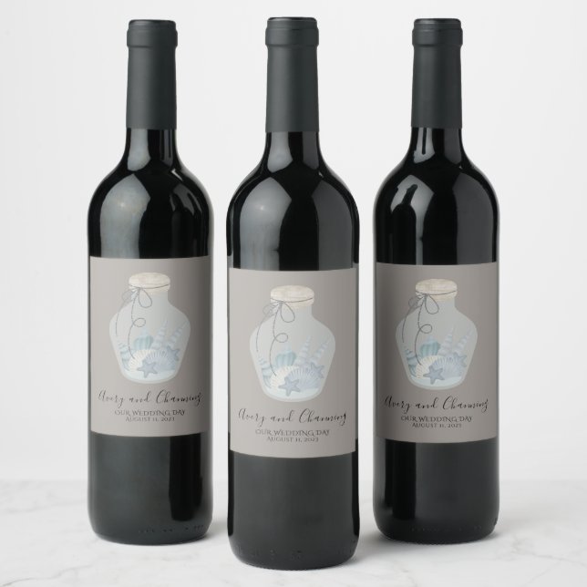 Étiquette Pour Bouteilles De Vin Plage Thème "Notre Mariage" avec Coquillages (Bouteilles)