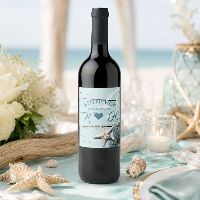 Étiquette Pour Bouteilles De Vin plage tropicale aqua bleu coquillage étoile de mer (tropical beach aqua blue seashell starfish wedding wine label)
