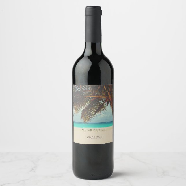 Étiquette Pour Bouteilles De Vin Plage tropicale, Palm (Devant)