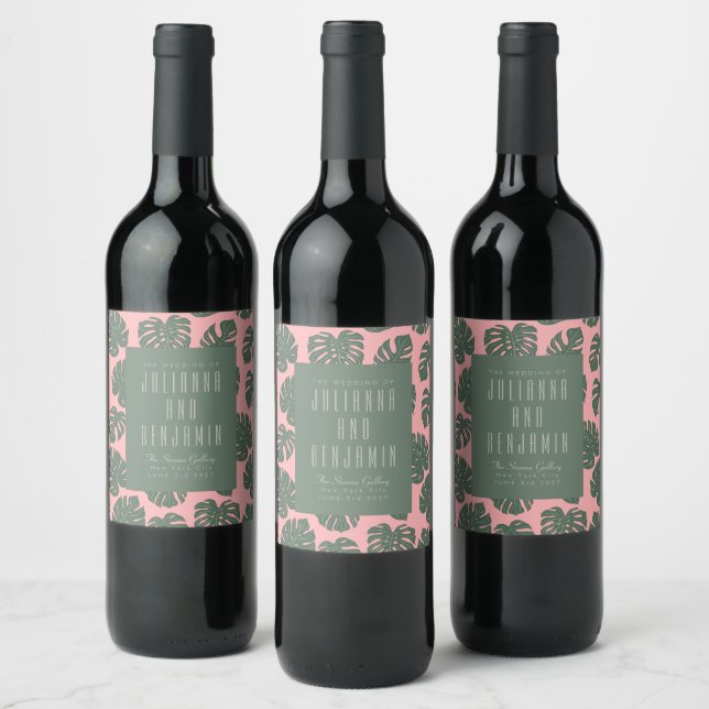 Étiquette Pour Bouteilles De Vin Plante de feuille Monstera Mariage vert rose botan (Bouteilles)