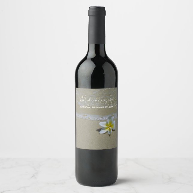 Étiquette Pour Bouteilles De Vin Plumeria Frangipani sur le Mariage de sable (Devant)