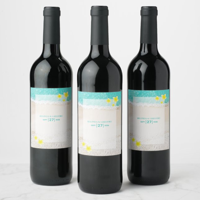 Étiquette Pour Bouteilles De Vin Plumeria jaune Frangipani Plage tropicale Mariage (Bouteilles)