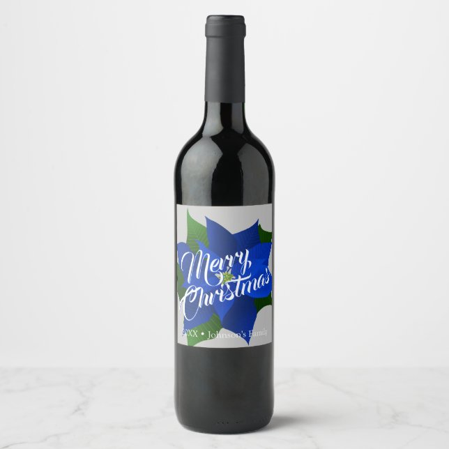 Étiquette Pour Bouteilles De Vin Poinsettia bleue (Devant)