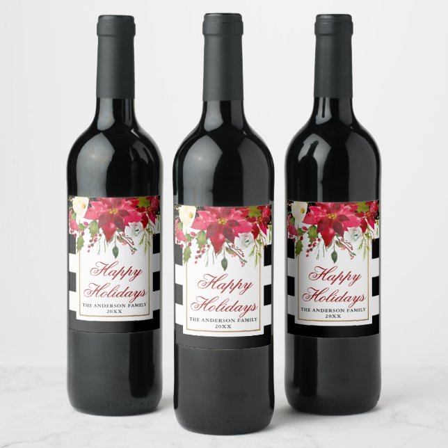 Étiquette Pour Bouteilles De Vin Poinsettia élégant aquarelle férié rayé (Bouteilles)