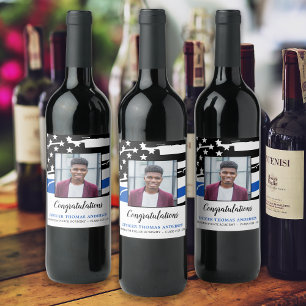 Étiquette Pour Bouteilles De Vin Police Graduation Party Photo Mince Ligne bleue